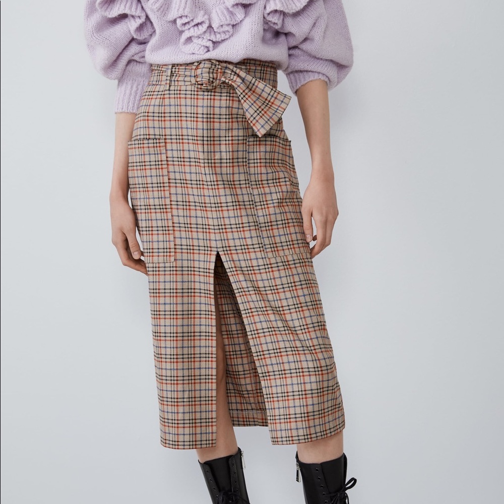 NWT Zara Belted Plaid Midi Skirt